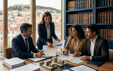 Política portuguesa cooperação empresarial e conceito de viagens Mão na bandeira de Portugal fundo