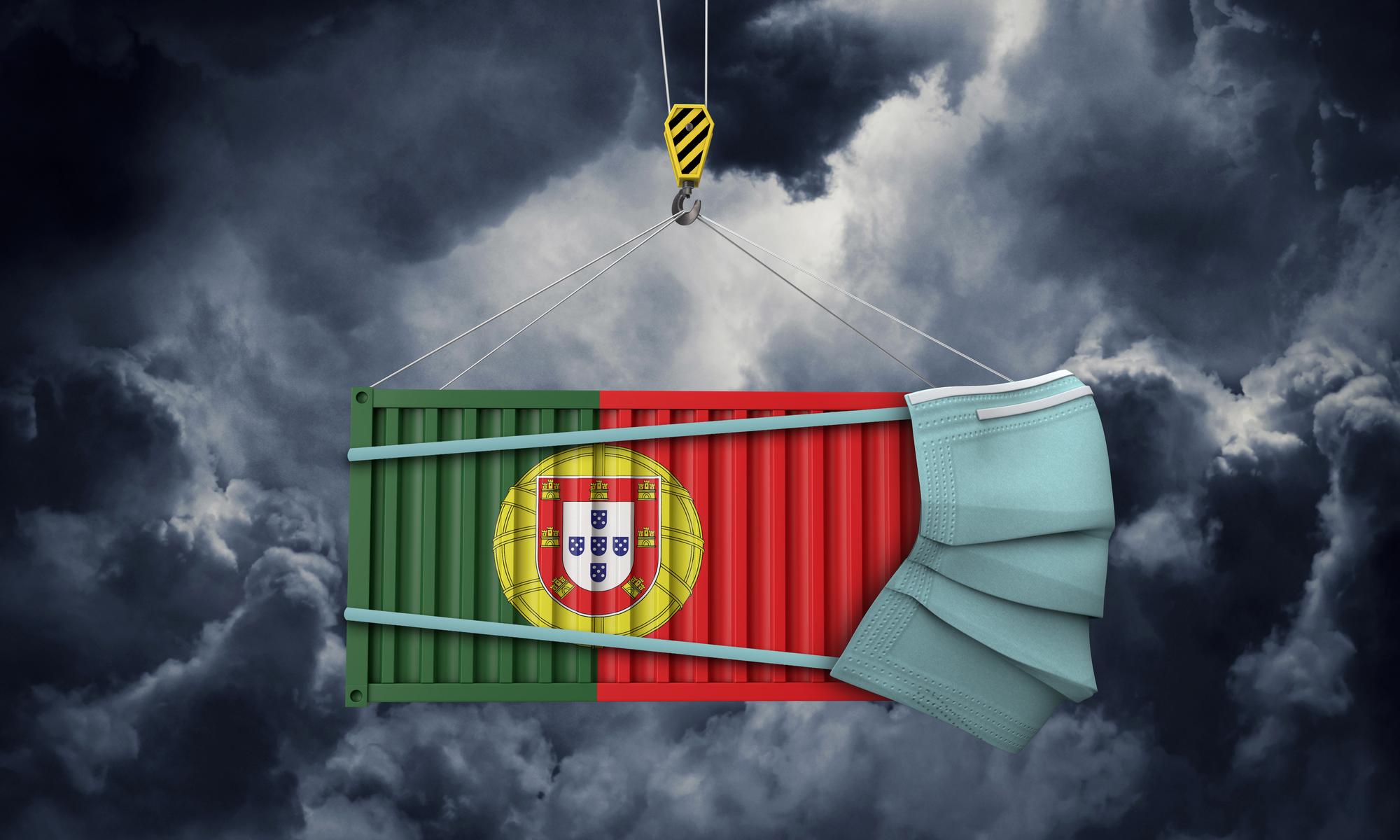 Recipiente de transporte de Portugal com comércio de vírus de máscara médica d render